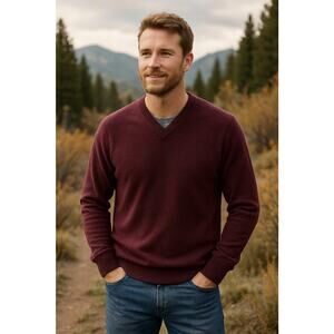 L.L.Bean Men’s Lambswool V-Neck Sweater Burgundy Maroon Size L Regular
